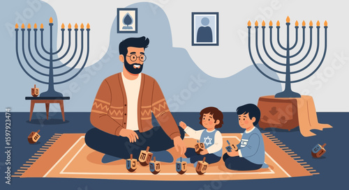 Celebrating Hanukkah With Family And Traditional Dreidel Game At Home