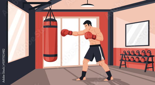 Boxer Training With Punching Bag Inside Gym For Health And Fitness Illustration
