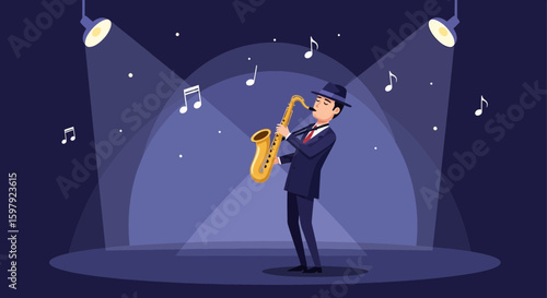 Elegant Jazz Musician Performing Saxophone Under Spotlight On Stage