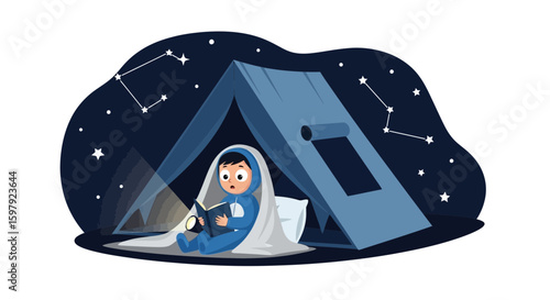 Boy Camping Indoors Reading A Book Under The Stars Imagination Adventure