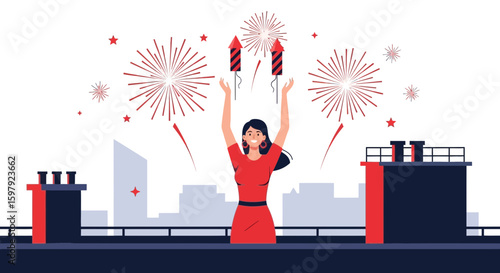 Celebrating Holiday With Fireworks Display On Rooftop Terrace At Cityscape