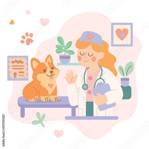 Corgi dog, cute Welsh Corgi at a doctor's appointment, hearts, veterinary clinic, vector cartoon illustration, isolated on a white background.