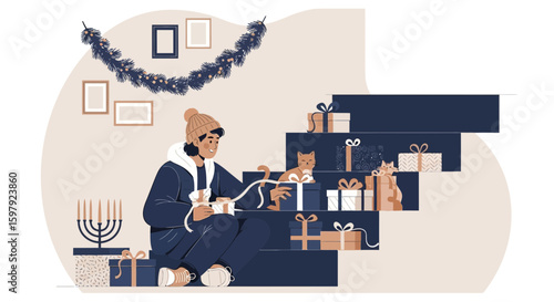 Cozy Hanukkah Celebration Featuring Woman Cats and Festive Gifts Illustration
