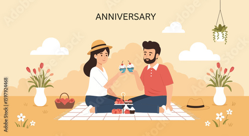 Celebrating Love Affectionate Anniversary Picnic Amidst Floral Spring Meadow