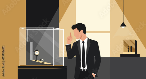 Elegant Man Contemplates An Upscale Watch Purchase In Modern Boutique Showroom