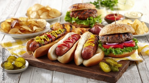 The delightful spread of hotdogs and burgers on a rustic wooden table.