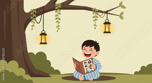 Boy Enjoying Picture Album Under Lit Lanterns Hanging From Tree Branch At Night