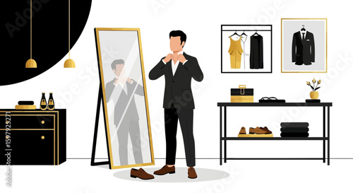 Elegant Man Preparing Outfit Looking In Mirror At Modern Room Illustration