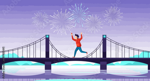 Celebrating New Beginnings Joyful Figure On Bridge Under Fireworks Display