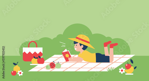 Boy Enjoying Reading Book On A Summer Picnic Adventure Scene Outdoors