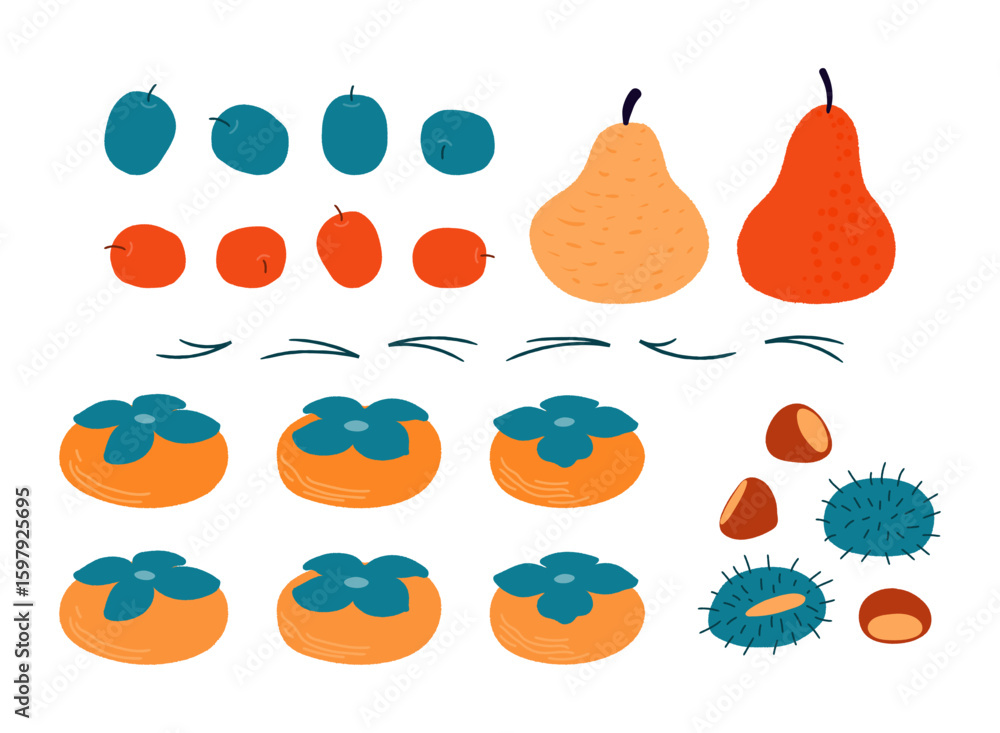 Fototapeta premium Traditional Chuseok food jujube, persimmon, chestnut, pear fruits, pine needles, isolated on transparent. Hand drawn flat vector illustration. Korean Mid Autumn Festival design elements set, clip art