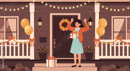 Celebrating New Home Vector Illustration With Woman Gift And Decoration