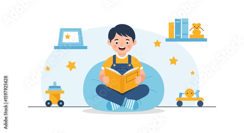 Boy Enjoying Story Time Reading Book At Home In A Cozy Relaxed Environment
