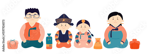 Family in traditional Korean clothes hanbok, sitting, holiday gifts, parents, kids, isolated on transparent. Hand drawn flat vector illustration. Cartoon character. Chuseok design element, clip art
