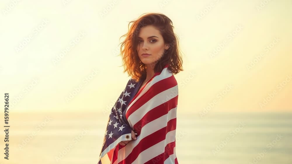 Beautiful young woman wrapped in an American flag looking at the camera. Patriotic portrait of a girl at the beach during sunset. Celebrating independence and freedom. Beautiful young woman wrapped in an American flag looking at the camera. Patriotic portrait of a girl at the beach during sunset. Celebrating independence and freedom.