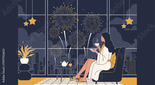 Elegant Nighttime Celebration Watching Fireworks From Home At A Cozy Window