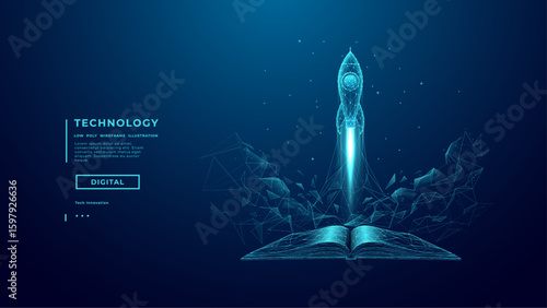 Abstract Futuristic AI Space Ship Launch Over Opened Digital Book on Technology Background. Low Poly Wireframe Light Blue Hologram of Rocket. Education or Knowledge Concept. Vector Illustration.