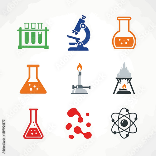 A collection of science lab equipment icons including test tubes, microscope, flasks, burner, and atom, displayed on a white background.