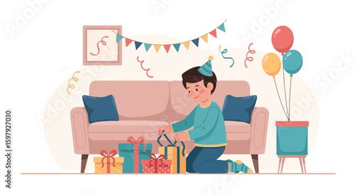 Boy In Birthday Party Celebrating Happy Smiling Opening Gift At Home Interior