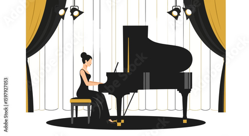 Elegant Pianist Performs on Stage With Grand Piano Under Spotlights