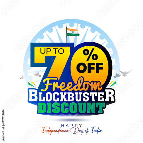 Freedom Blockbuster Sale promo concept for India Independence Day festival. Offer, deals and discount logo design.
