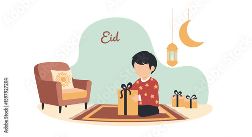 Boy Kneeling And Unwrapping Gifts On Eid Day With Islamic Decorations Inside Home