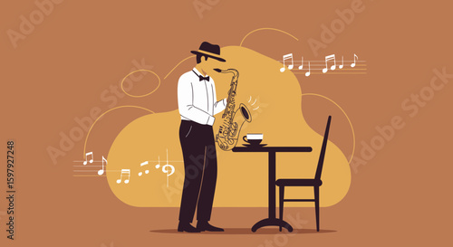 Elegant Saxophonist Performing Live Music In An Intimate Cafe Setting