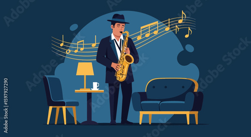 Elegant Saxophonist Performing Jazz Music In A Cozy Setting With Music Notes