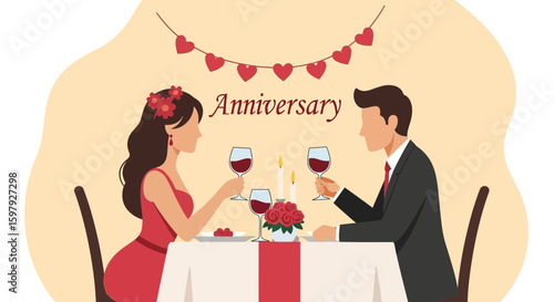 Celebrating Romantic Anniversary Dinner With Toasting Couple And Heartfelt Decoration