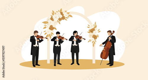 Elegant String Quartet Performing at Floral Wedding Arch Ceremony Celebration
