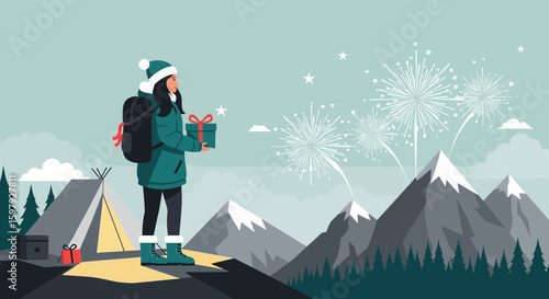 Celebrating Special Day With Fireworks In Mountains During Winter Season
