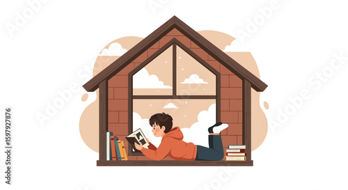 Boy Lying on Window Reading a Book In Minimalist House Illustration