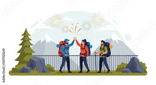 Celebrating Summit Three Friends Enjoying Hike High Fiving Vector Illustration