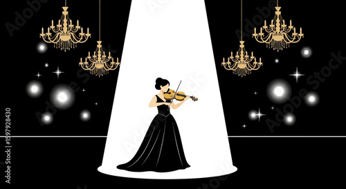 Elegant Violinist Performing On Stage With Chandeliers In Spotlight Concert