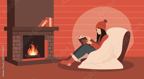 Cozy Winter Reading By Fireplace Girl Relaxing At Home With Book