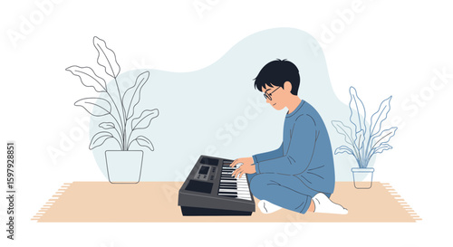Boy Plays Electronic Piano At Home During Leisure Time Alone Happy Moment