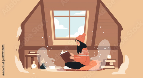 Cozy Winter Reading Illustration Woman Enjoying Book In A Warm Attic