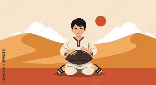 Boy Plays Hang Drum in Desert Cartoon Illustration Peaceful Meditation