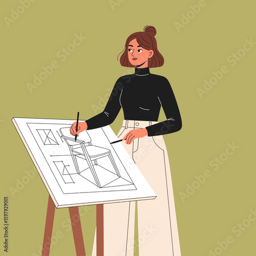 Woman artist drawing a chair design on a drawing board with a pencil, wearing a black turtleneck and white pants.