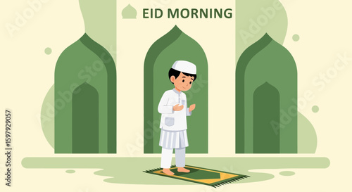 Boy Praying During Eid Celebration At Mosque Cartoon Illustration