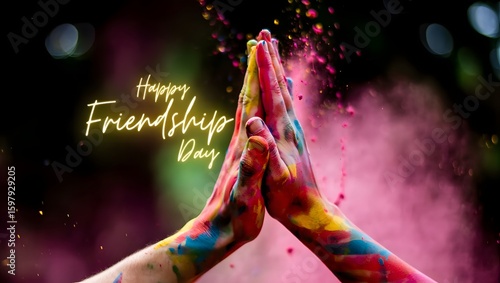 Friends celebrate friendship day with colorful powder high five