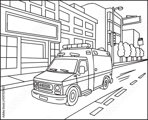 Beautiful vehicle ambulance on hospital road coloring page for kids, Black line art vector illustration coloring book design
