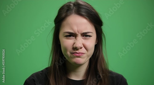 Young woman shows strong facial expression of disgust on vibrant green screen for emotional reaction video