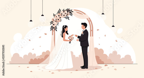 Elegant Wedding Ceremony Scene With Floral Arch And Couple Exchanging Rings