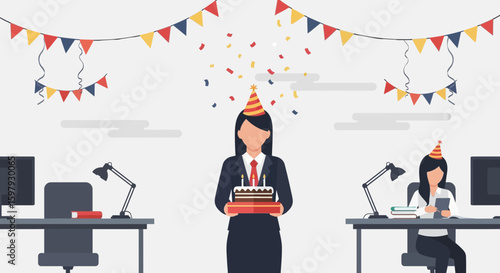 Celebrating Workplace Birthday With Decorated Office And Festive Cake