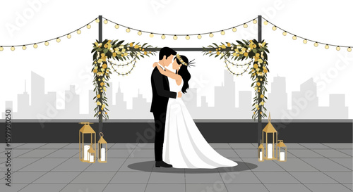 Elegant Wedding Ceremony Under Floral Archway With City Skyline Silhouette