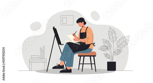 Creative Artist At Work Painting On Easel In Art Studio Illustration