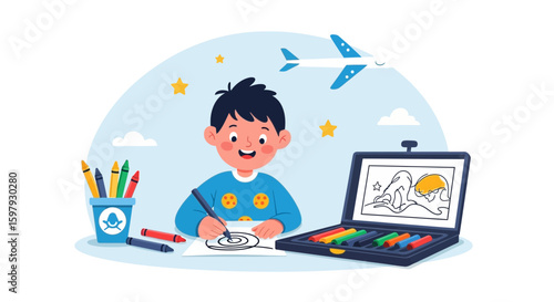 Creative Boy Draws In His Room While Traveling On A Plane With Crayons