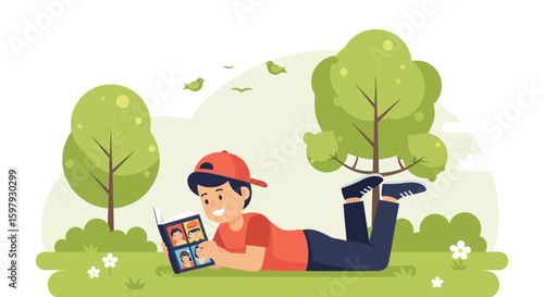 Boy Reading In The Park Enjoying A Book On A Sunny Day Outdoors