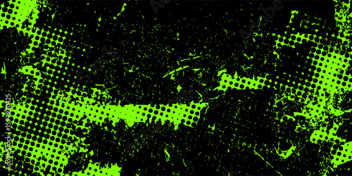 Vibrant abstract vector background. Energetic lime green and black design featuring dynamic strokes, halftone dots, and grunge splatters for a modern, edgy look.